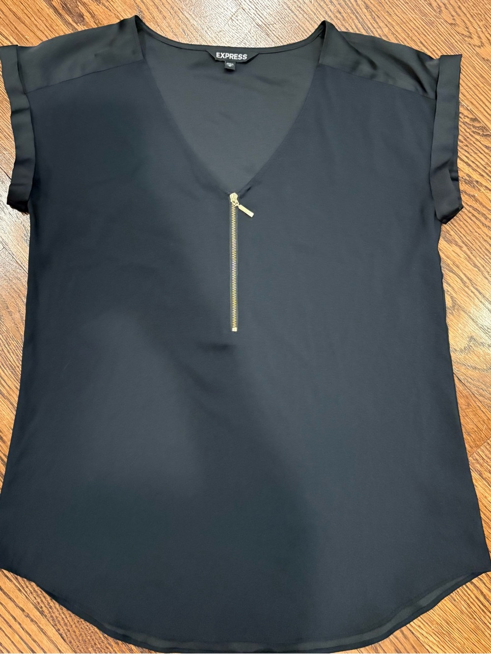 Express Black V-Neck Zip Blouse with Gold Hardware